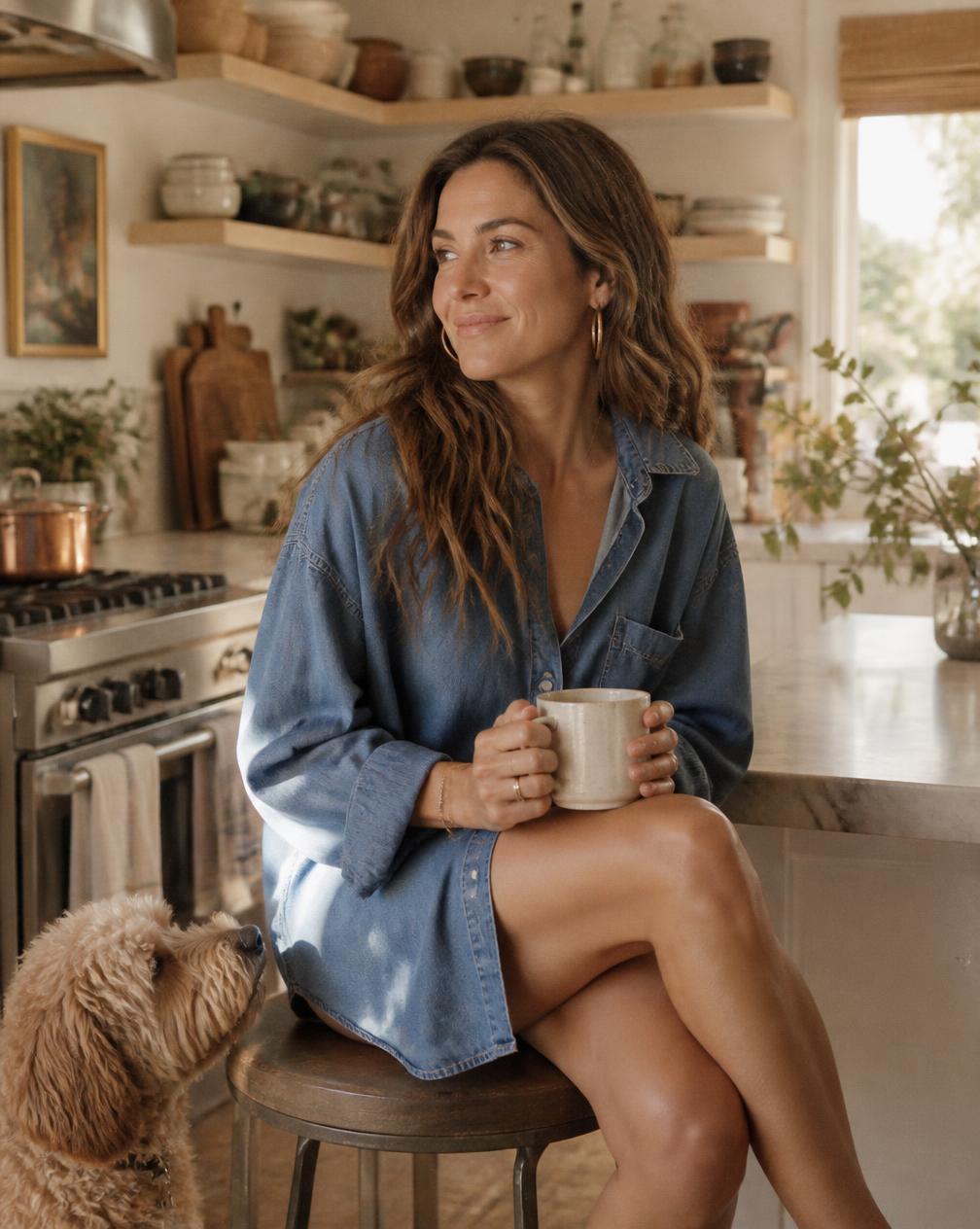 Maya Hart making coffee in her kitchen